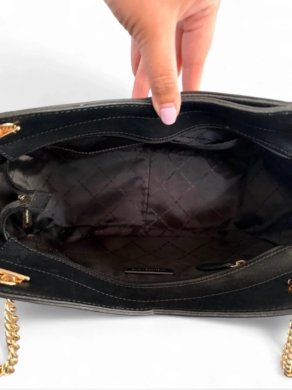 MICHAEL KORS Black Saffiano Leather Tote with Gold Chain Accents